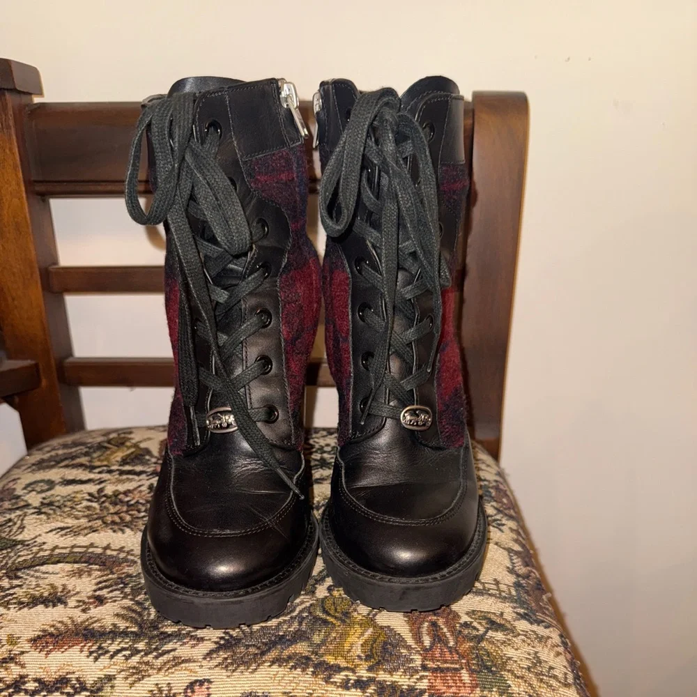 Coach Hartley Plaid Lace-Up Booties Black Leather & Red Wool Ankle Boots 7B